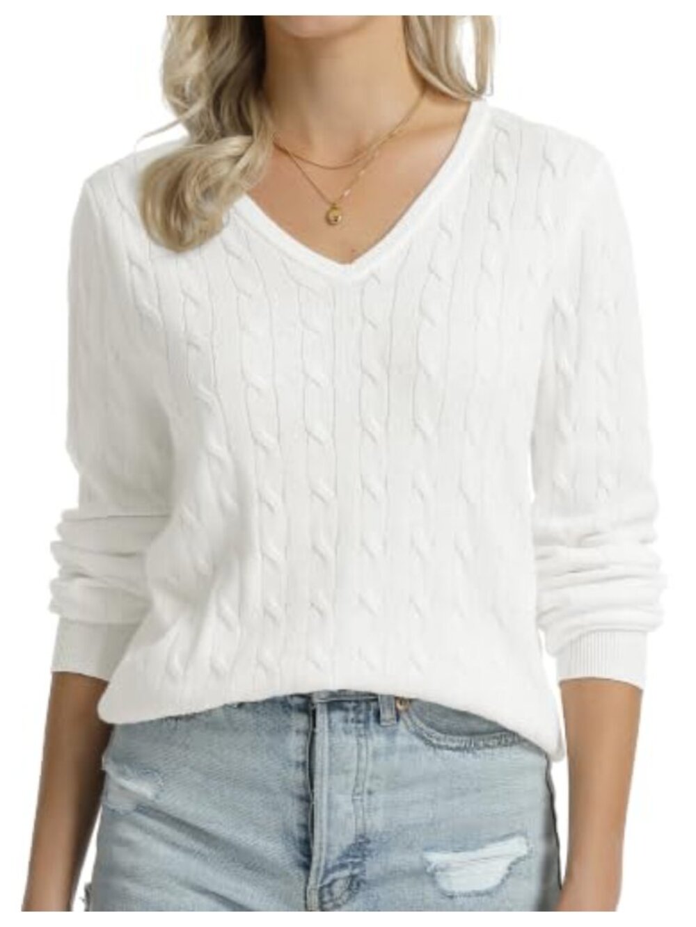 Womens 100% Cotton Cable Knit Sweater Lightweight Pullover Long Sleeve V-Neck